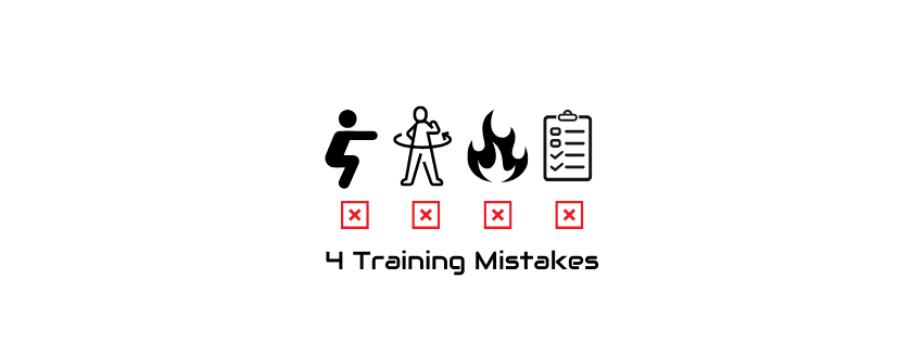 An infographic-style cover image titled "4 Training Mistakes," with icons representing poor form, skipping warm-ups, lack of intensity, and no plan, highlighted by red "X" marks.