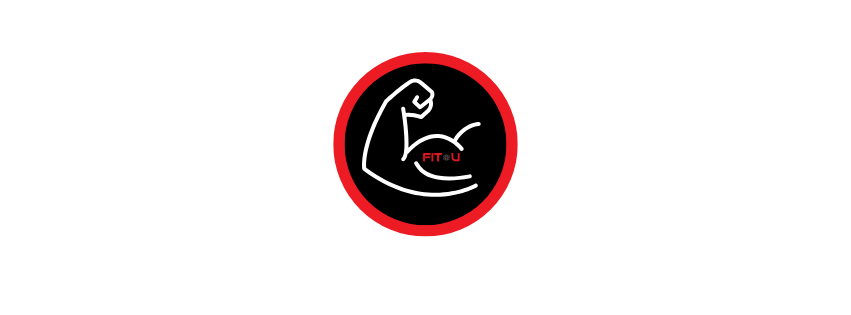 circular logo with a black background and a red border. Inside the circle, there is a stylized arm flexing a bicep, with the text "FIT U"